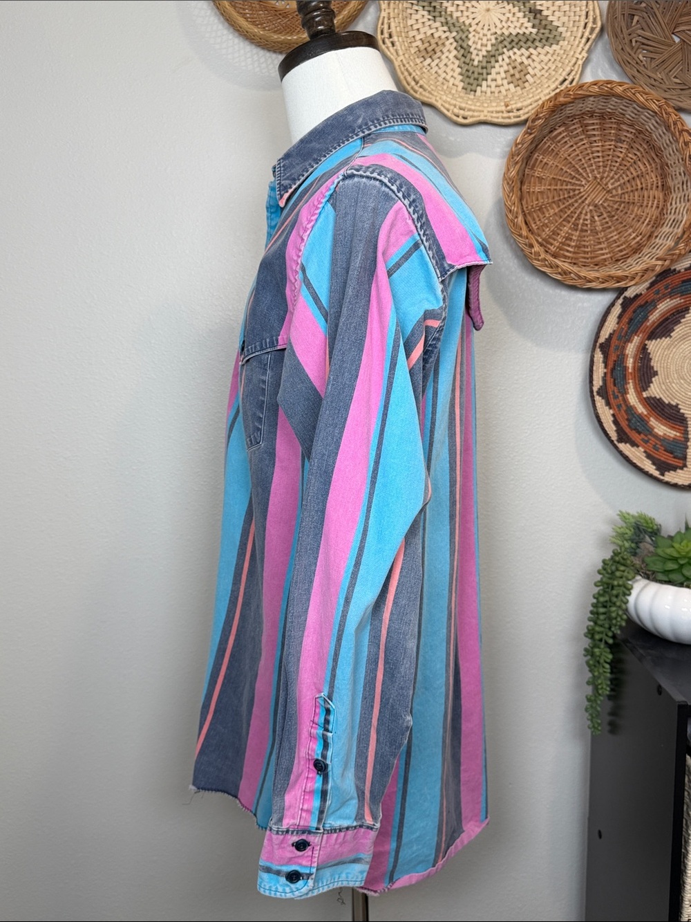 Vtg 90’s Wrangler Brush Popper Button Up Long Sleeve Pink Turquoise Blue Orange - Picture 5 of 16
